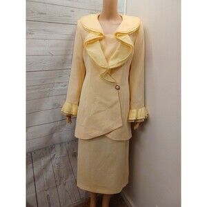 ML Studio suit set Pastel Yellow beige skirt blazer Beaded Size 8